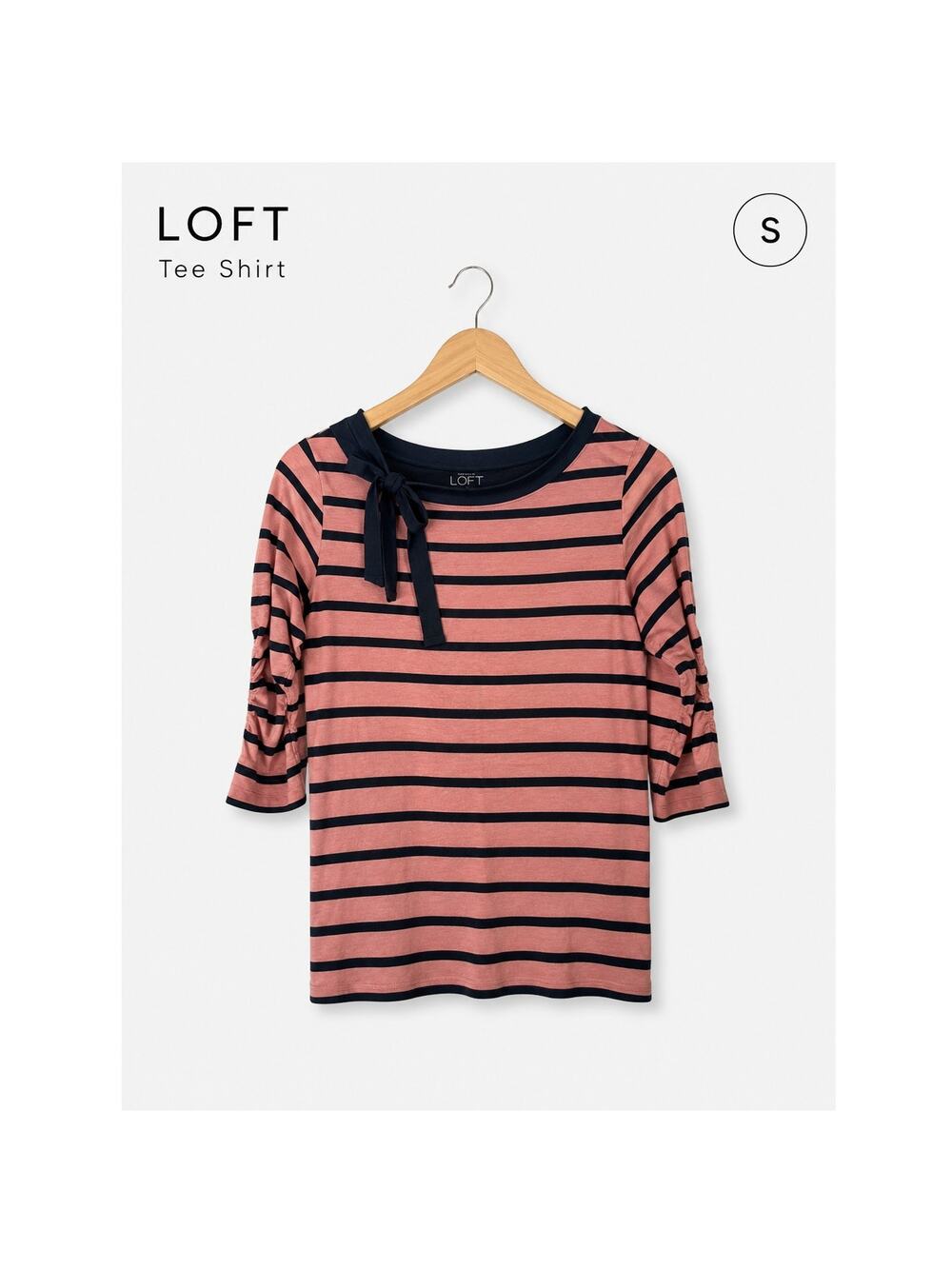 LOFT Medium Pink Navy Stripe Tie Neck Top Ruched Sleeve Cotton Blend Knit Tee